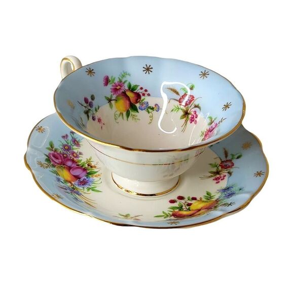 Vtg E.B Foley Beautiful Cup & Saucer Fruit Floral Sky Blue Wide Mouth Gold Rim - Picture 1 of 12